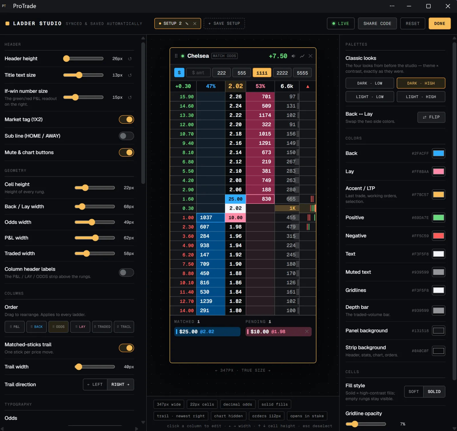 ProTrade Ladder Studio editor with live ladder preview and colour palette