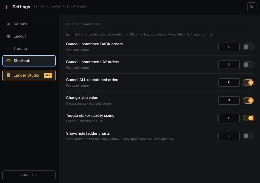 ProTrade keyboard shortcuts settings with rebindable keys and toggles